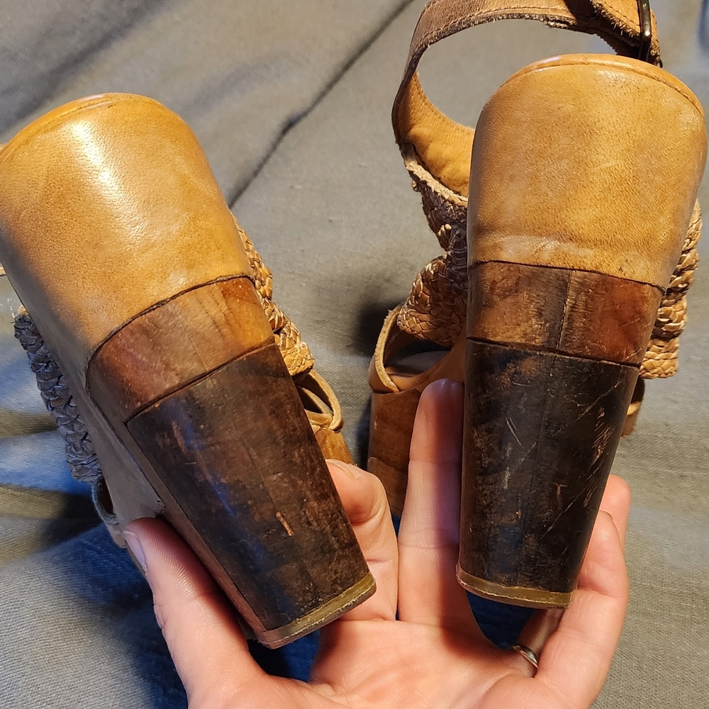 Bed Stu Tan Woven Leather Platform Wedge Sandals - Picture 4 of 6
